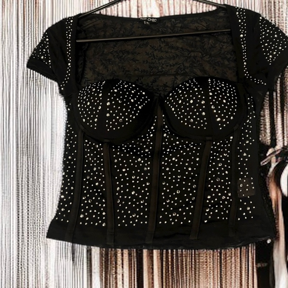 Black Rhinestone Embellished Crop Top
